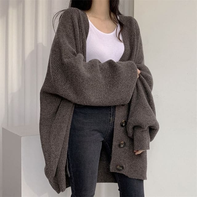 Oversized Bubble-Sleeve V-Neck Cardigan - Coffee / One Size