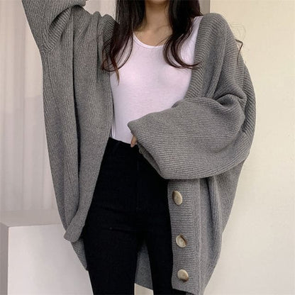 Oversized Bubble-Sleeve V-Neck Cardigan - Gray / One Size