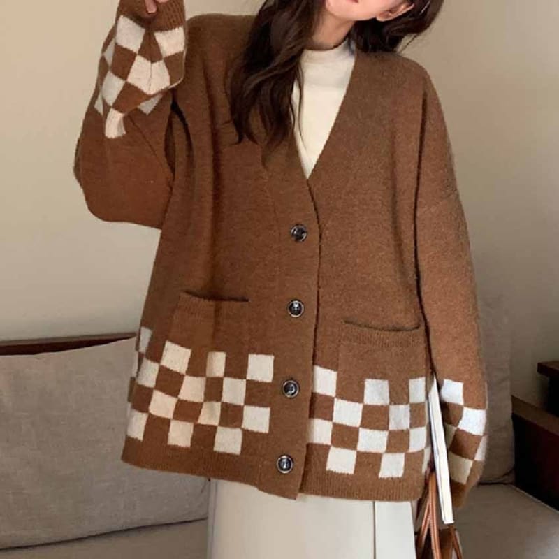 Oversized Checker V-Neck Cardigan