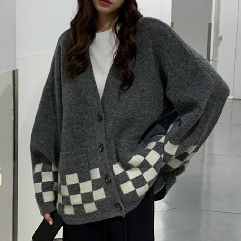 Oversized Checker V-Neck Cardigan