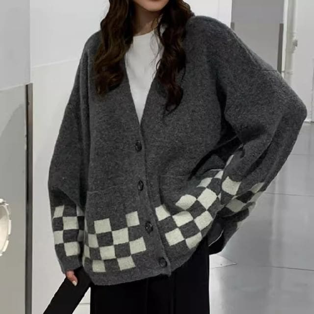 Oversized Checker V-Neck Cardigan