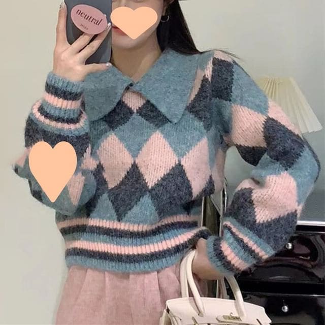 Oversized Collared Argyle-Print Knit Sweater - Blue