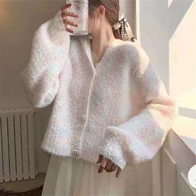 Oversized Fluffy V-Neck Hooded Cardigan - Pink / One Size