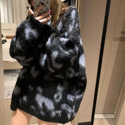 Oversized Leopard-Print Furry Sweater - Black / One Size