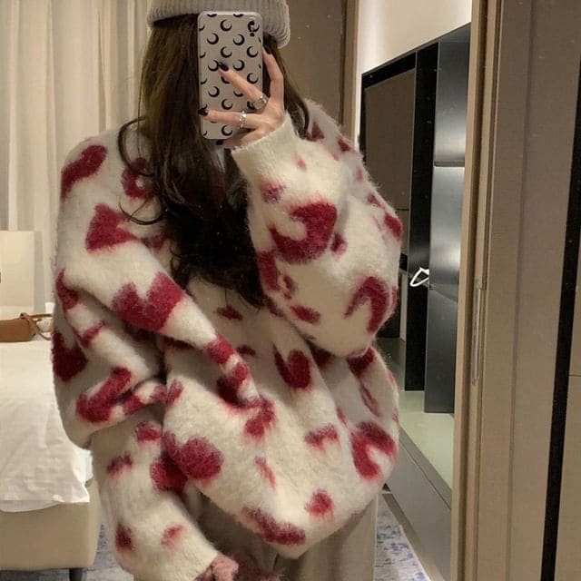 Oversized Leopard-Print Furry Sweater - Red / One Size