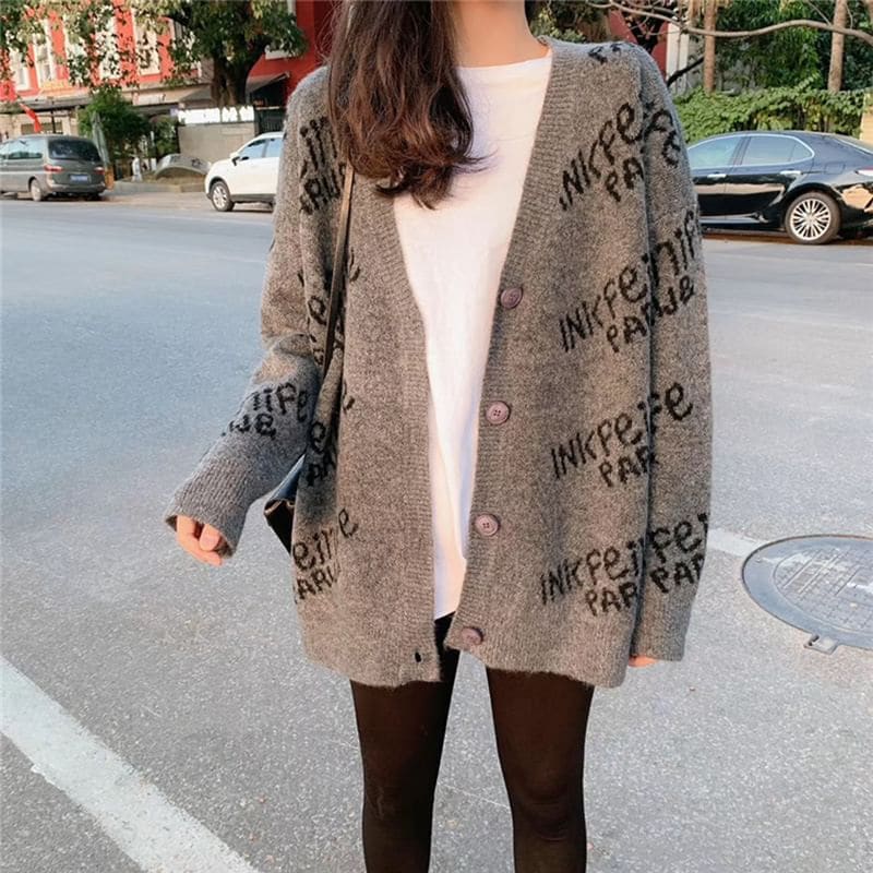 Oversized Lettering V-Neck Cardigan