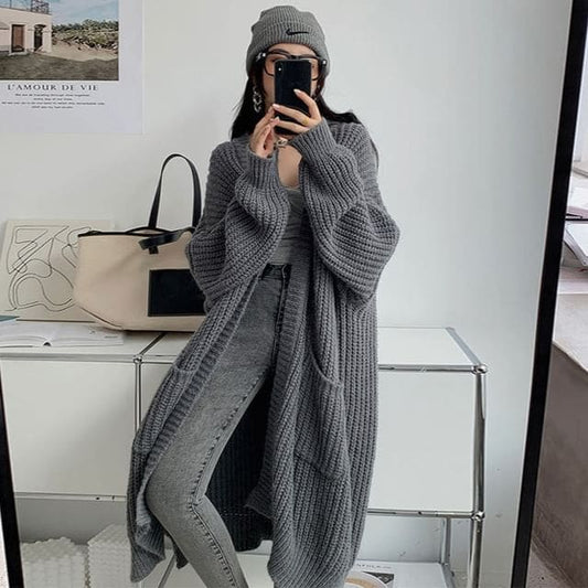 Oversized Open-Front V-Neck Long Cardigan