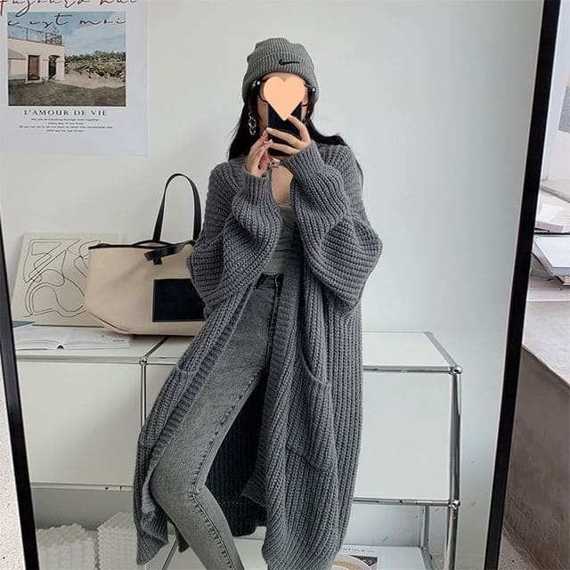 Oversized Open-Front V-Neck Long Cardigan - Gray / One Size