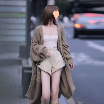 Oversized Open-Front V-Neck Long Cardigan - Khaki / One Size