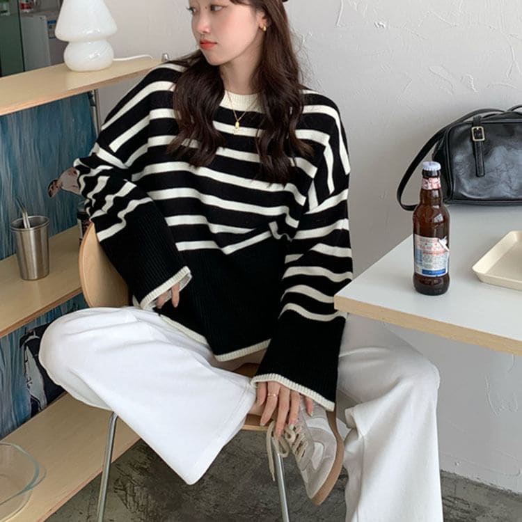 Oversized Side-Slit Striped Knit Top