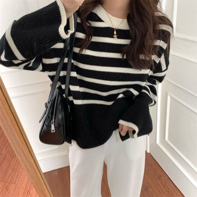 Oversized Side-Slit Striped Knit Top