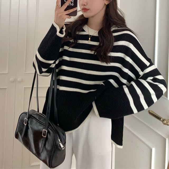 Oversized Side-Slit Striped Knit Top - Black / One Size