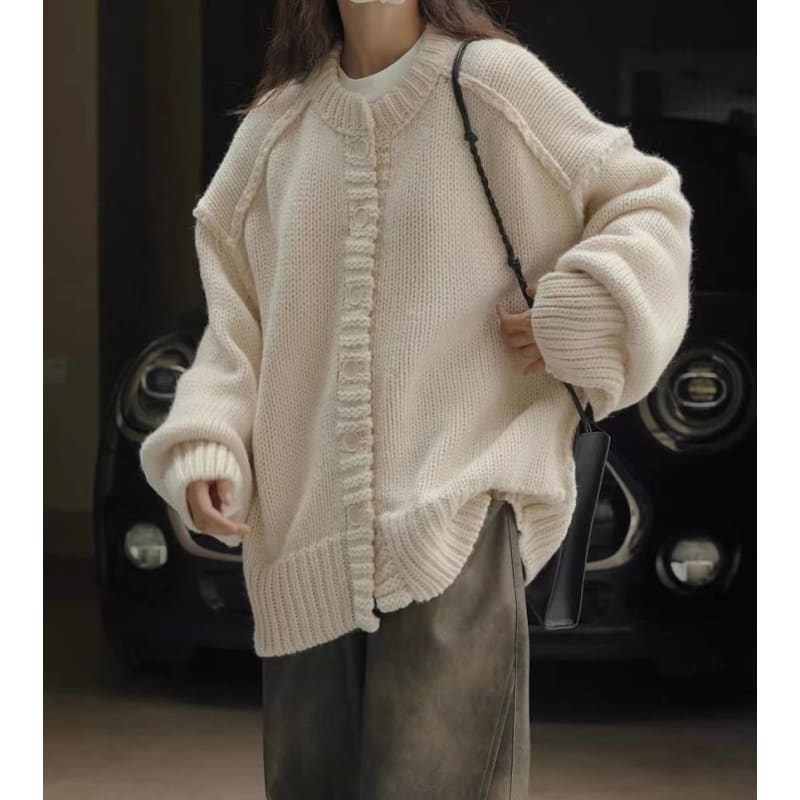 Oversized Stitched Round-Neck Cardigan