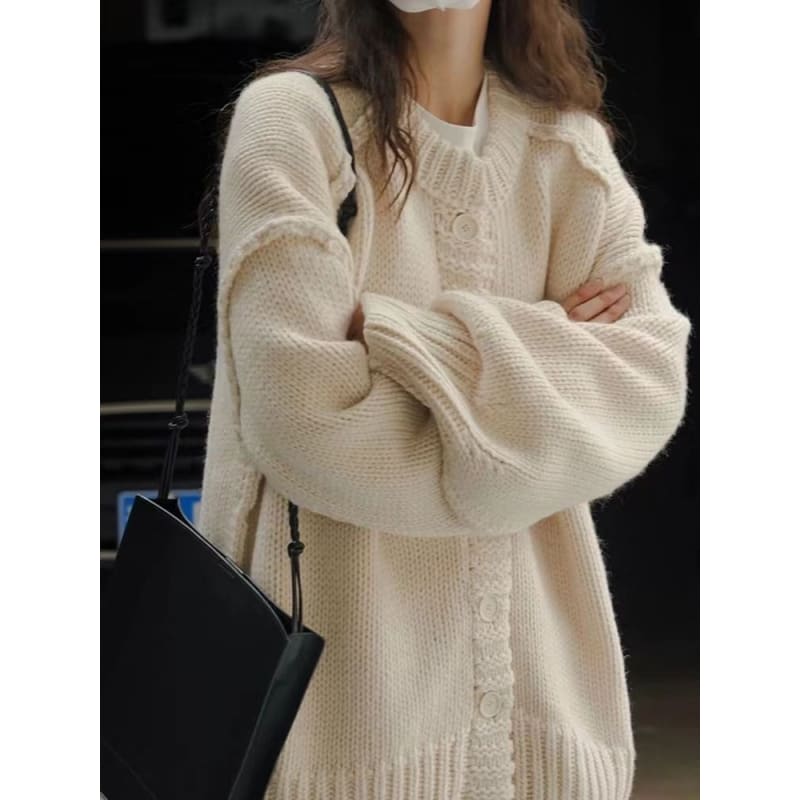 Oversized Stitched Round-Neck Cardigan