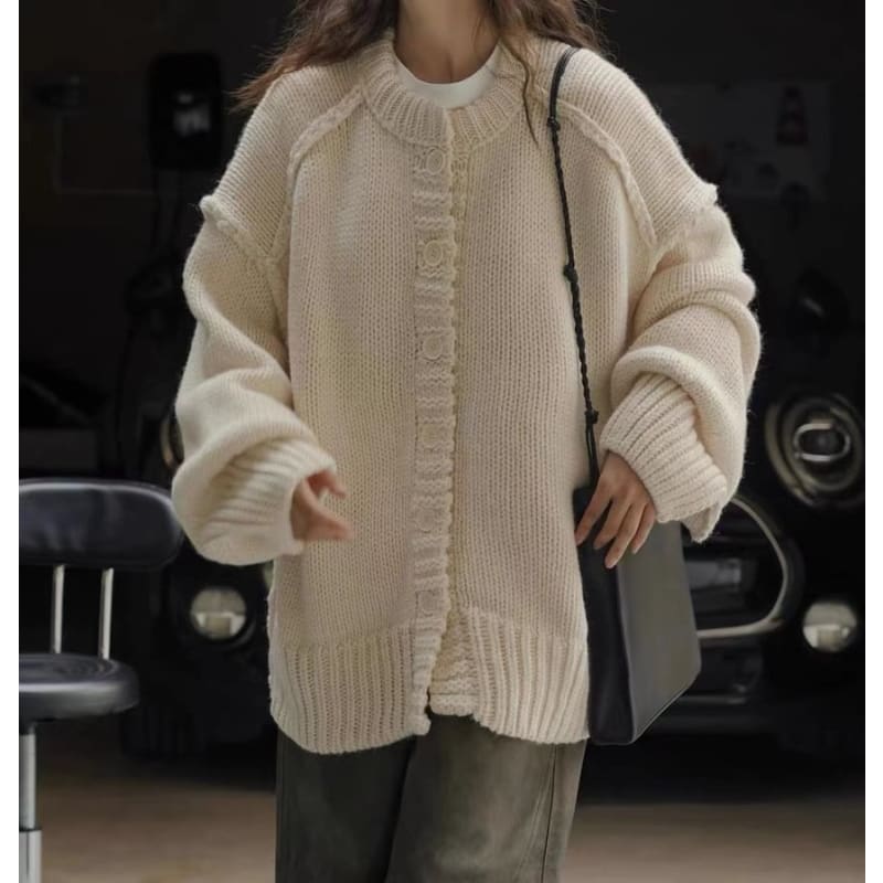 Oversized Stitched Round-Neck Cardigan