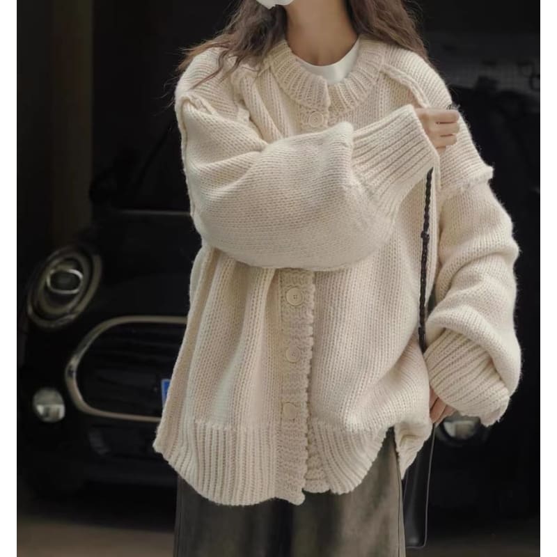 Oversized Stitched Round-Neck Cardigan