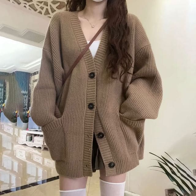 Oversized V-Neck Cardigan - Camel / One Size