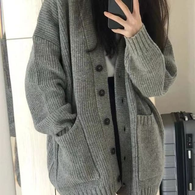 Oversized V-Neck Cardigan - Gray / One Size