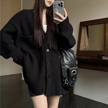 Oversized V-Neck Cardigan with Pocket - Black / One Size