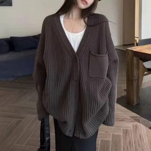 Oversized V-Neck Cardigan with Pocket - Coffee / One Size