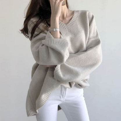 Oversized V-Neck Sweater - Light Gray / One Size