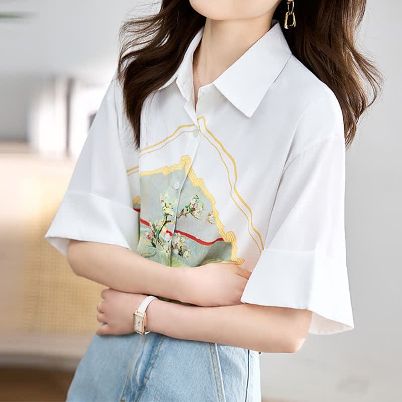 Painting Print Short Sleeve Chiffon Lapel Shirt