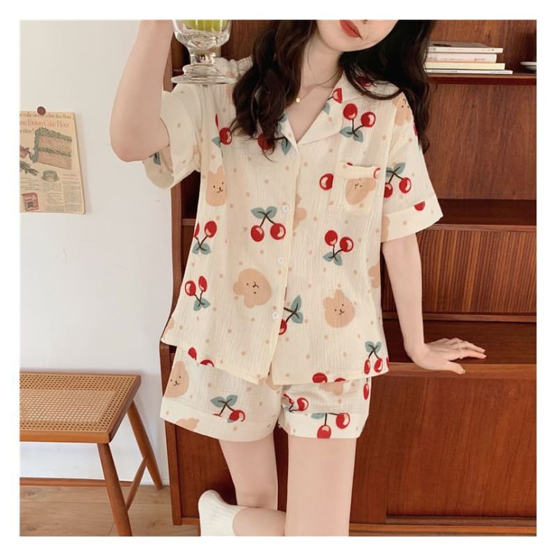 Pajama Set: Cherry Bear Print Top + Shorts