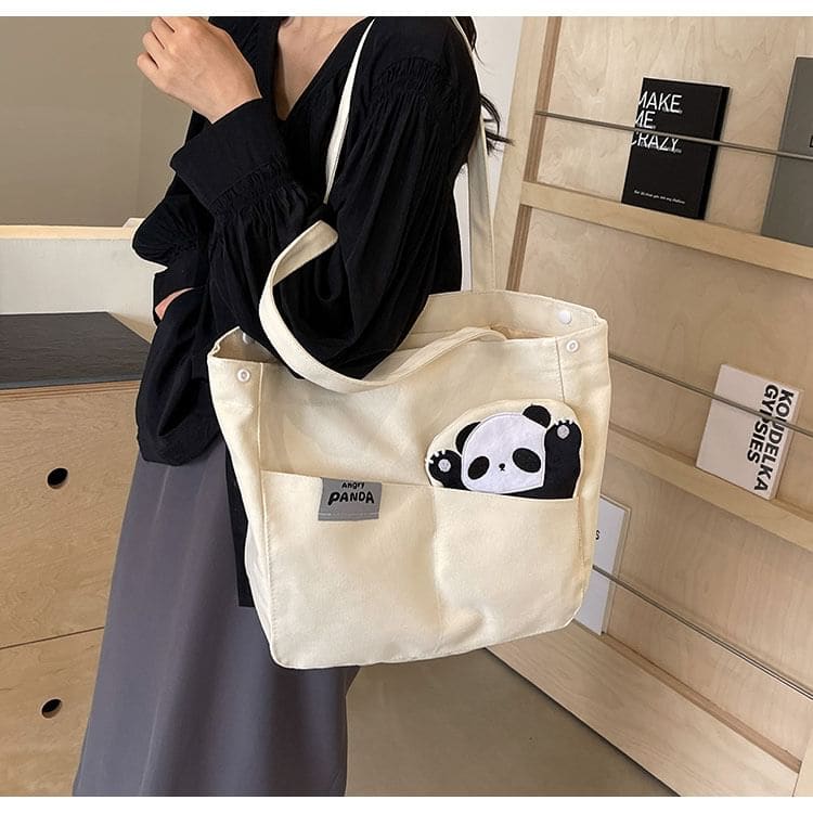 Panda Applique Canvas Tote Bag