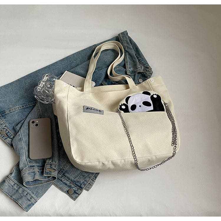 Panda Applique Canvas Tote Bag