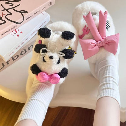 Panda Bow Fluffy Slippers