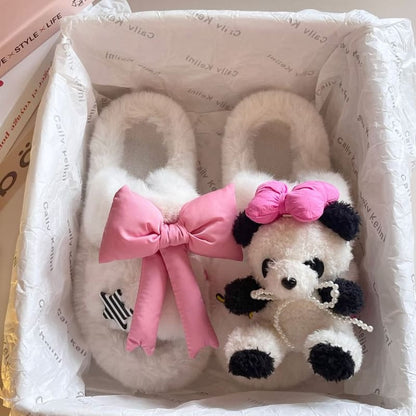 Panda Bow Fluffy Slippers