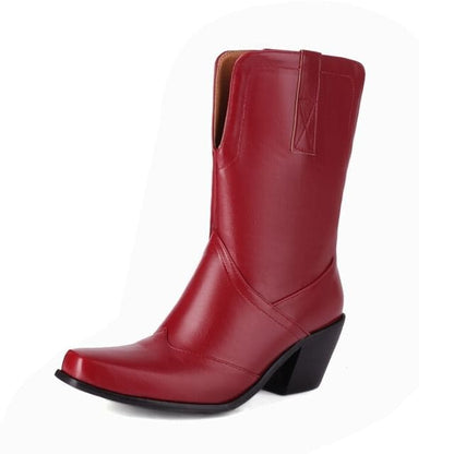 Panel Block Heel Mid Calf Boots - Red / 34