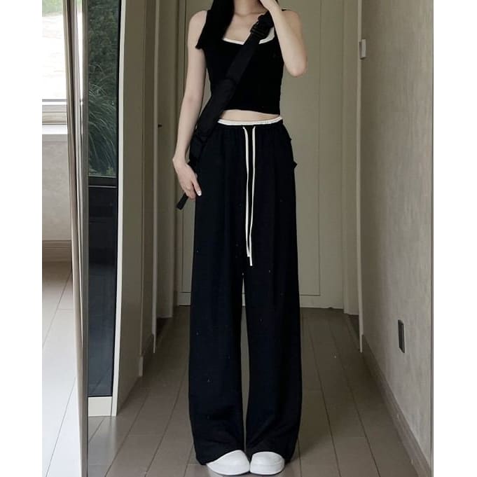 Panel Contrast High Rise Drawstring Wide Leg Pants