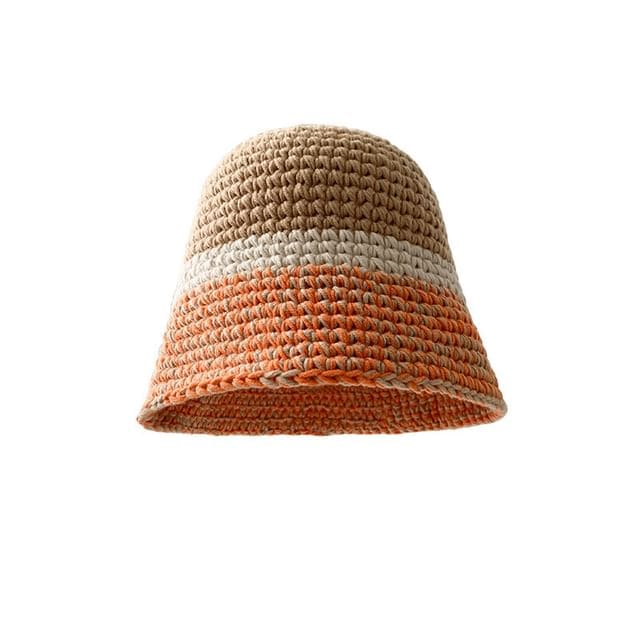 Panel Knit Bucket Hat - Khaki Top - Beige & Orange