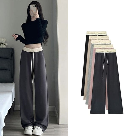 Paneled High Waist Drawstring Pocket Wide Leg Sweatpants