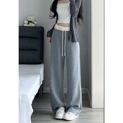 Paneled High Waist Drawstring Pocket Wide Leg Sweatpants