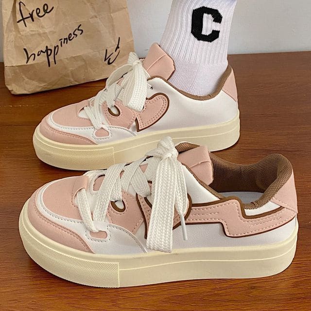 Paneled Platform Sneakers - Pink / 35