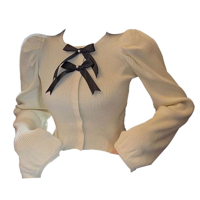 Parisian Style Ribbed Top with Bows - S / Beige - Cardigan