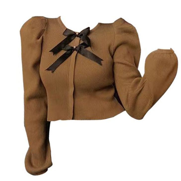 Parisian Style Ribbed Top with Bows - S / Brown - Cardigan