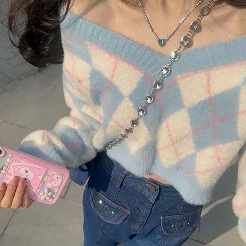 Pastel Blue Y2K Hot Pink Sweater ME08