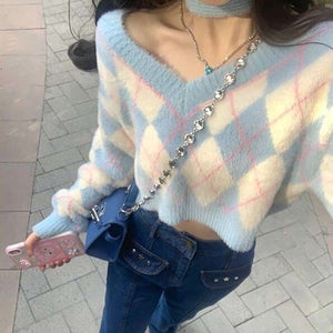 Pastel Blue Y2K Hot Pink Sweater ME08 - as shown / S