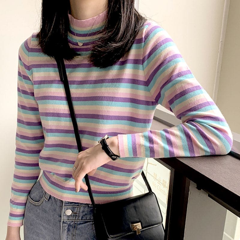 Pastel Striped Turtleneck Jumper - Sweatshirts