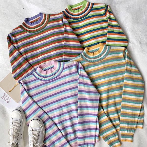 Pastel Striped Turtleneck Jumper - Sweatshirts