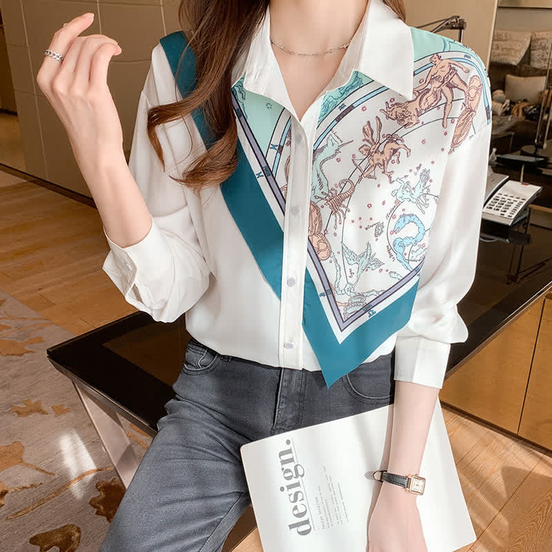 Patchwork Printed Long Sleeve Lapel Shirt