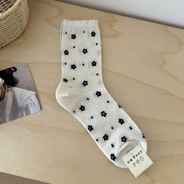 Patterned / Bow Accent Socks - Black Flower - White