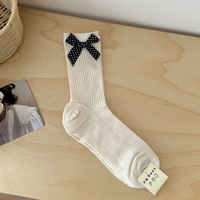 Patterned / Bow Accent Socks - Black Bow - White / One Size