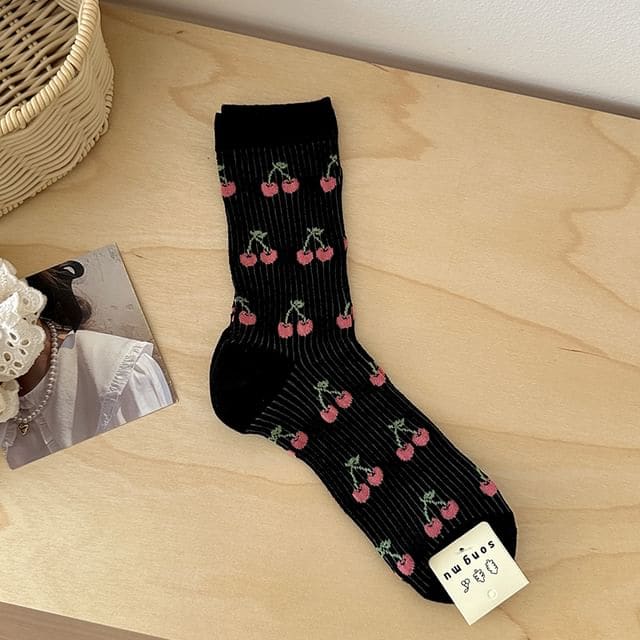 Patterned / Bow Accent Socks - Cherry - Black / One Size