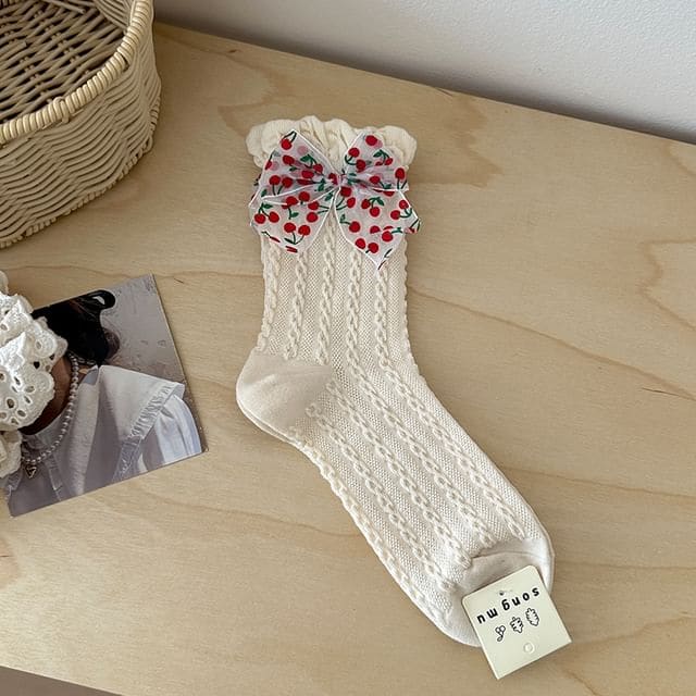 Patterned / Bow Accent Socks - Cherry White Bow - White