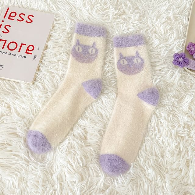 Patterned Fluffy Short Socks Set - 2 Pairs - Cat - Purple