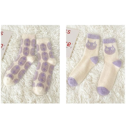 Patterned Fluffy Short Socks Set - 2 Pairs - Oval & Cat